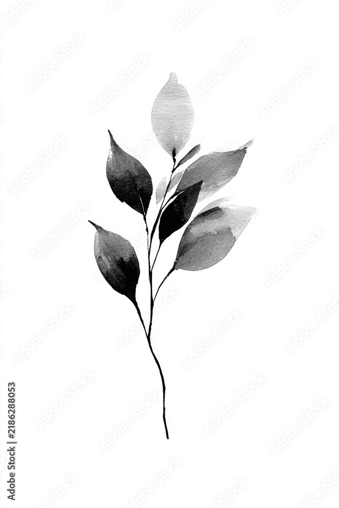 Obraz premium Minimalist black and white watercolor painting of a leafy branch.