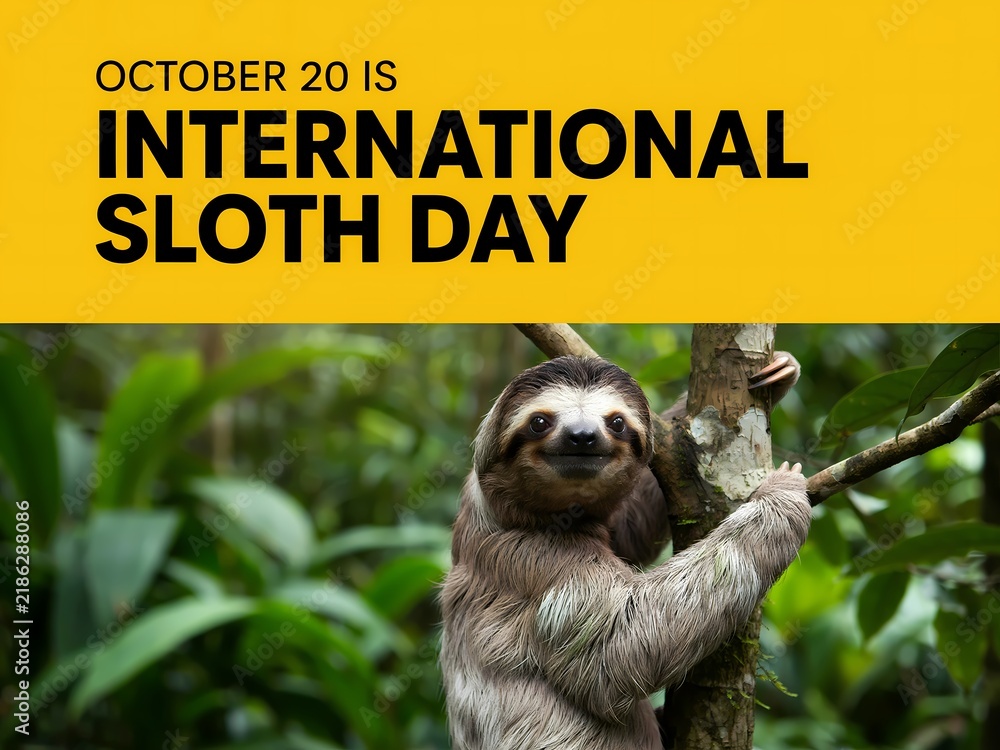 Fototapeta premium International sloth day celebration poster with a cute sloth hanging on a tree in the jungle
