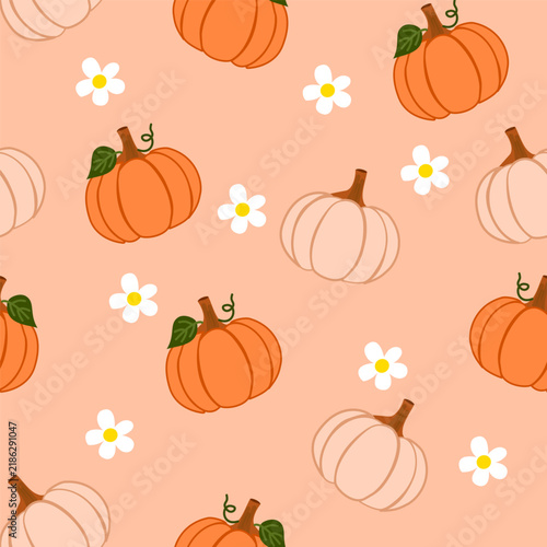 Cute Autumn Seamless Pattern with Pumpkins and White Flowers on Pastel Background