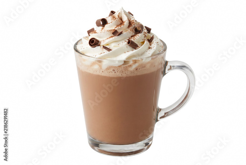 Glass Mug of Hot Chocolate with Whipped Cream and Chocolate Shavings