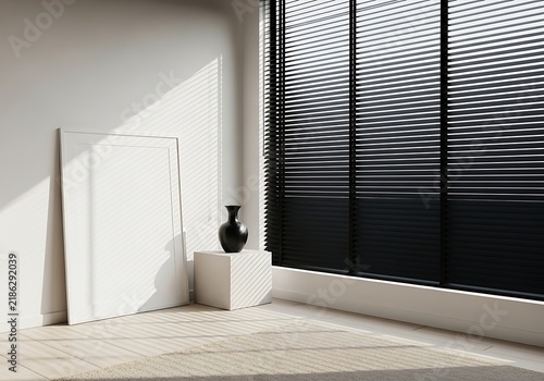 Black vase on a windowsill with blinds