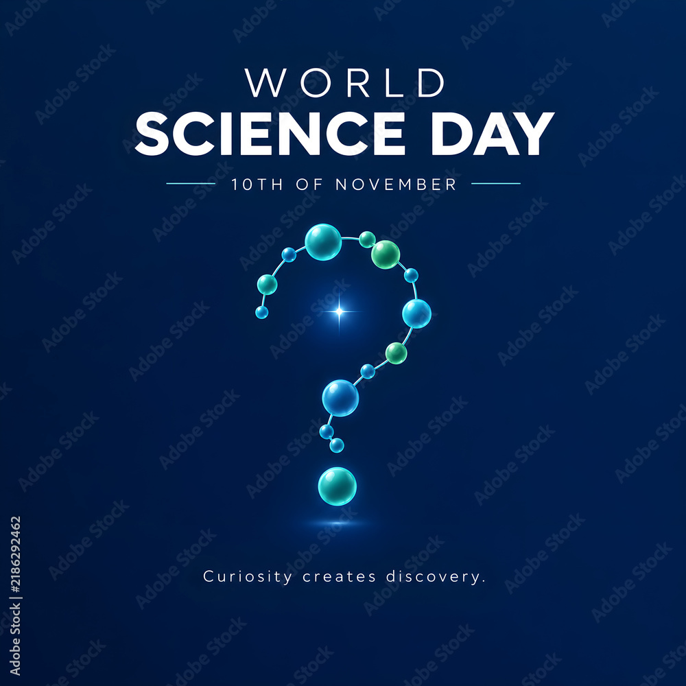 Fototapeta premium World science day dark blue background with a question mark made of glowing molecular structures