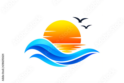 Ocean Sunset Logo Icon with Blue Waves and Flying Birds