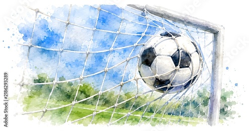Soccer Ball Hitting Goal Net, Watercolor Sports Illustration