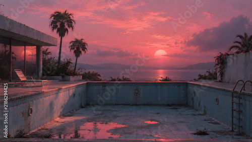 Empty Swimming Pool Under a Pink Surreal Sunset
