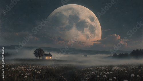 Giant Moon Over Tiny House in a Misty Landscape