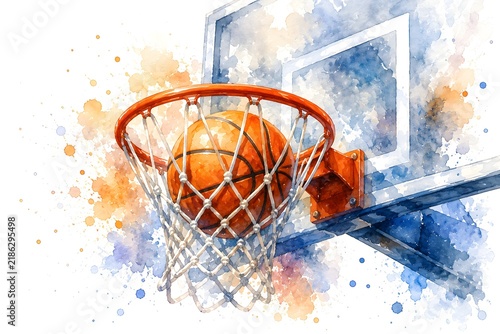 Basketball Going Through Hoop, Watercolor Sports Illustration