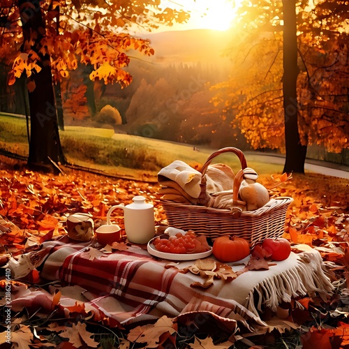 Autumn Picnic Setting with Basket and Blanket in a Sunny Park.