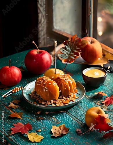 Baked apples with cinnamon and caramel on a rustic table.