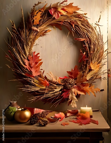 Beautiful rustic autumn wreath with colorful fall leaves and festive seasonal decor.
