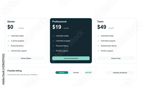 Pricing plan cards with billing toggle trial and feature comparison