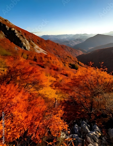 Breathtaking Autumn Mountain Landscape with Vibrant Red Foliage.