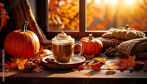 Cozy autumn morning with pumpkin spice latte by the window.