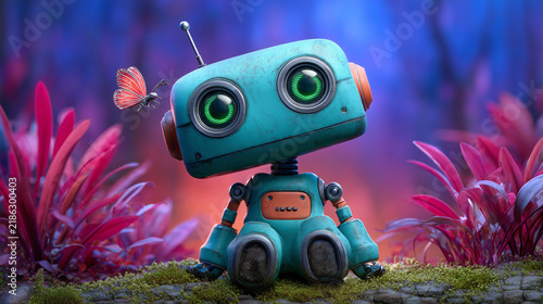 Tapety artystyczne Curious Robot Stargazer in Bioluminescent Alien Twilight