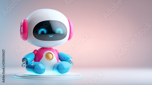 Tapety artystyczne Cute 3D Robot Assistant Cross-Legged Holographic Cloud Product Photography