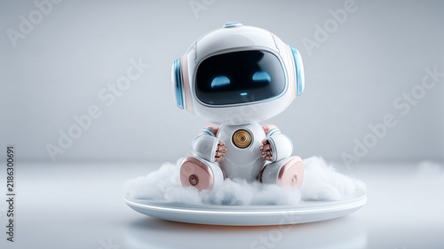 Tapety artystyczne Cute 3D Robot Assistant Cross-Legged Holographic Cloud Product Photography