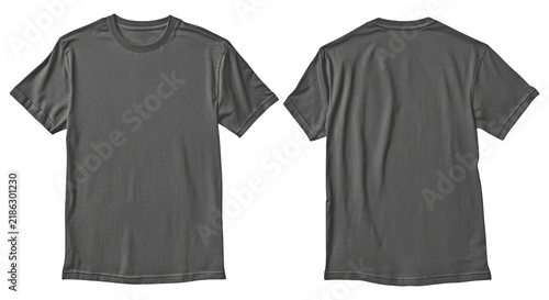 Bild auf Leinwand Front and back view of a plain charcoal grey cotton t-shirt isolated on white ba