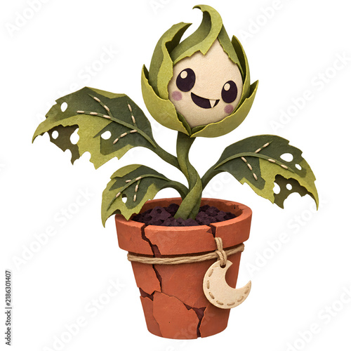 Cute Potted Plant: A whimsical, smiling potted plant with wide eyes and tattered leaves is depicted in a charming, handcrafted style, ready to bring a touch of playful personality to any design.