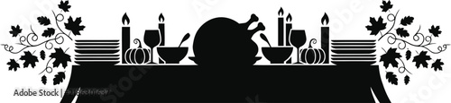 Black silhouette of a Thanksgiving dinner table with turkey candles and pumpkins roast
