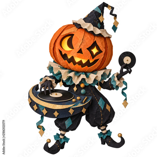 Spooky DJ Pumpkin: A whimsical Halloween character, a grinning pumpkin with glowing eyes, dressed as a DJ, spins vinyl records at a party.