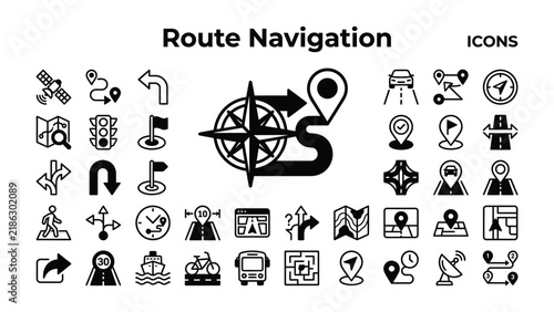 Route Navigation Icons Set: A comprehensive collection of black and white icons representing various aspects of route navigation, including maps, directions, compass, GPS, and traffic signs.