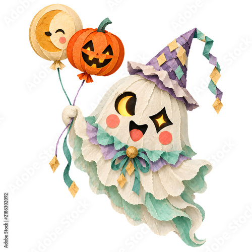 Whimsical Halloween Ghost: A charming ghost character wearing a pointed hat, holding balloons shaped like a crescent moon and a jack-o'-lantern, ready for Halloween festivities.