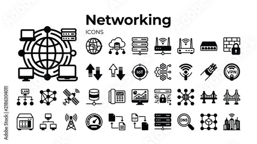 Networking Icons and Symbols: A comprehensive collection of flat icons and symbols representing various aspects of computer networking, connectivity, and data transfer.