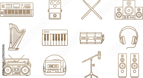 Comprehensive Musical Instruments and Studio Audio Gear Minimalist Line Art Icon Set Featuring Electronic Keyboards, Classical Harps, and Studio Speakers