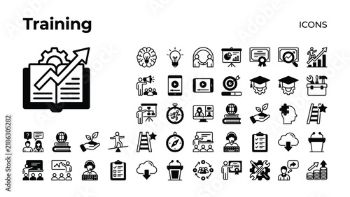 Training Icons: A collection of graphic icons representing various aspects of training and development, including learning, growth, success, and education.