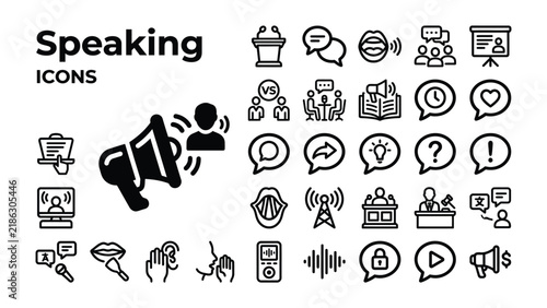 Speaking Icons Set: A comprehensive collection of black and white icons representing various aspects of public speaking, communication, and presentation.