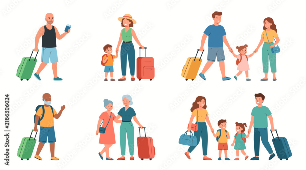 Fototapeta premium A cute collection of diverse travelers and tourist families.