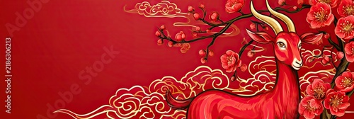 Lunar New Year 2027 horizontal banner featuring a stylized Fire Goat with golden horns, surrounded by plum blossoms and flowing cloud motifs on a rich crimson background