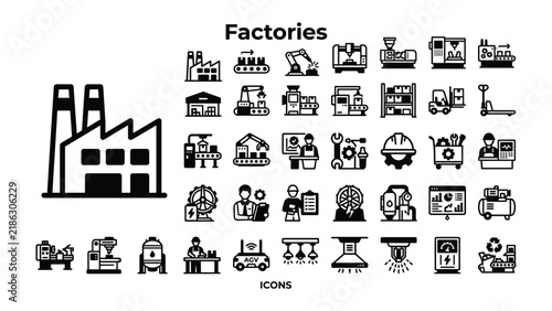 Factory Icons Collection: A comprehensive set of industrial icons depicting various aspects of factory operations, machinery, and manufacturing processes, perfect for illustrating industrial themes.