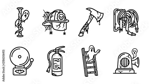 Foto Halloween Firefighter Icons: A set of eight playful, hand-drawn line icons with a spooky Halloween theme, featuring a ghost entwined on a pole, a haunted firefighter helmet with cobwebs, a bloody axe