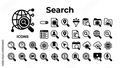 Search Icons Collection: A comprehensive set of black and white icons representing various search-related concepts, including magnifying glass, globe, documents, locations, and data.