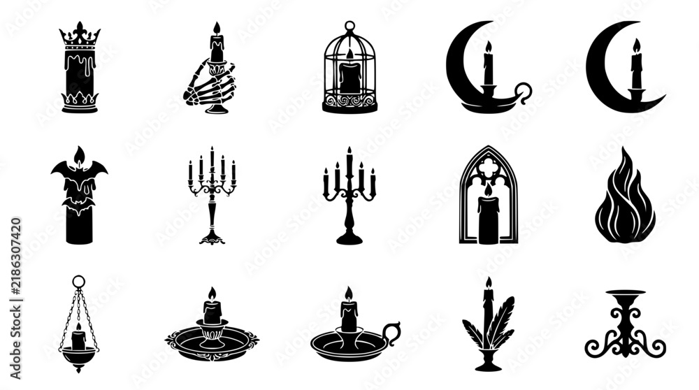 Naklejka premium Spooky Gothic Candle and Candelabra Black Silhouette Collection