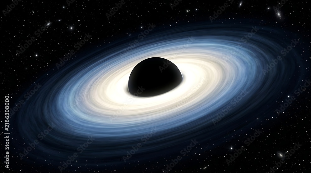 Fototapeta premium Artist's concept of a black hole in deep space, showing accretion disk with swirling blue and white light, amidst a field of distant stars, scientific visualization.