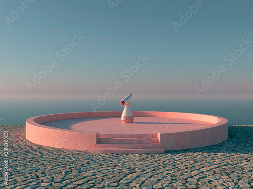 Round blush pink stone viewing platform perched on cliffside, a white-pink telescope stands still against calm pale blue sea and sky.