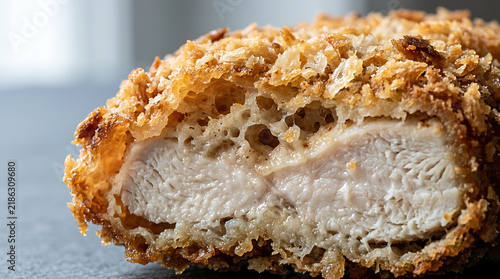 Crispy Breaded Chicken Breast Close-up, Juicy Interior, Golden Brown