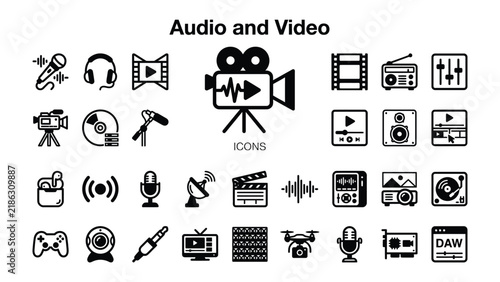 Audio and Video Icons Set: A comprehensive collection of black and white icons representing various audio and video technologies and equipment, including cameras, microphones, headphones.