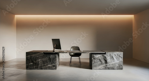 Modern office desk with marble base in a minimalist room