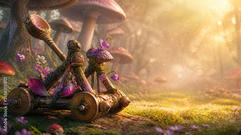 Fototapeta premium Magical Wooden Catapult in a Fantasy Forest with Giant Mushrooms