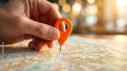 Hand placing an orange pin on a detailed map to mark a specific location for travel.