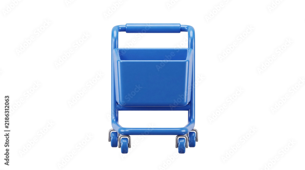 Fototapeta premium Bright blue 3d rendered shopping cart on white background, on png isolated background