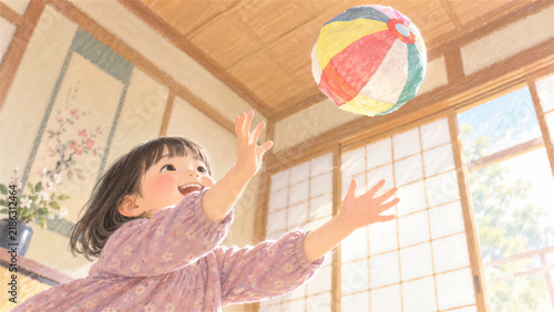 Fototapeta kuchenna 暖かい日差しの入る和室で楽しそうに紙風船を上に打ち上げて遊ぶ女の子のイラスト generative ai