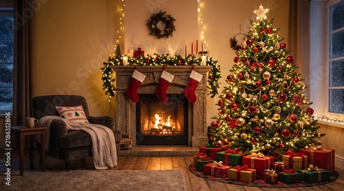 Cozy Christmas Living Room Interior with Fireplace and Decorated Tree