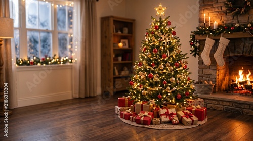 Decorated Christmas Tree with Gifts by Fireplace and Window in Living Room