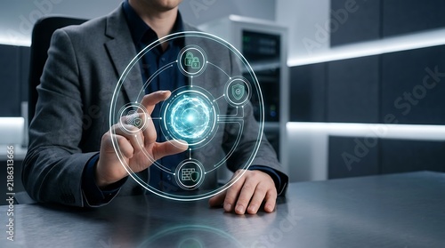 Fototapeta Tech specialist operates futuristic holographic cyber security dashboard with network nodes.