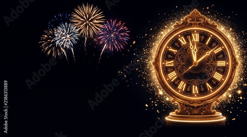 New Year Countdown Vintage Clock with Fireworks and Gold Sparkles on Black Background