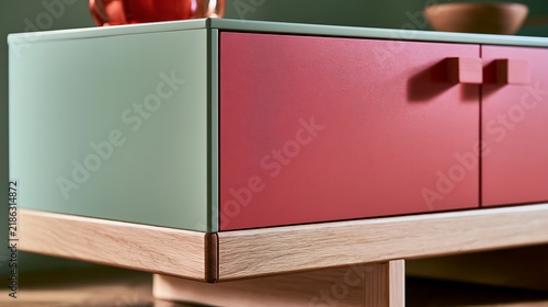 Modern minimalist sideboard cabinet with colorful panels and wooden base.